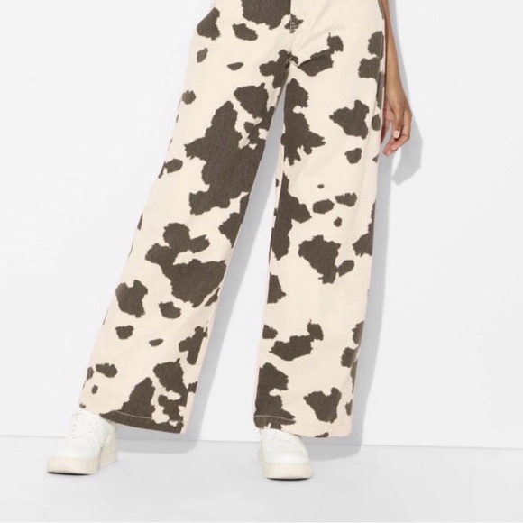 Wild Fable Denim High Rise Brown Cow Print Wide Leg Cream Size XS New with Tags - Picture 2 of 4